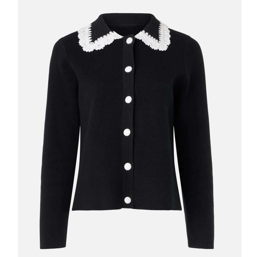 CeCe Cardigan Crochet Trim Sweater Black Lace Collar Button Front Womens Sz XS
